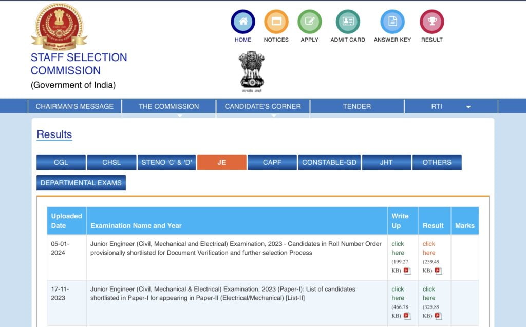 SSC JE Result