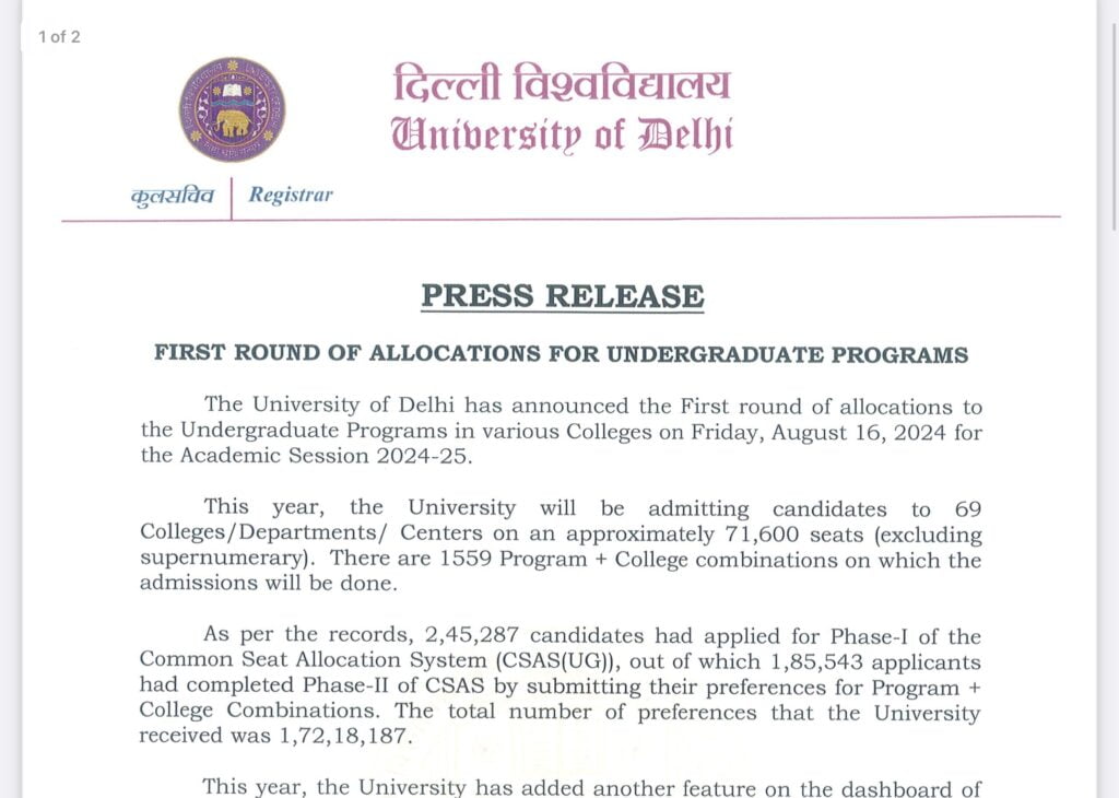 DU UG Admission Round 2 Vacant Seat