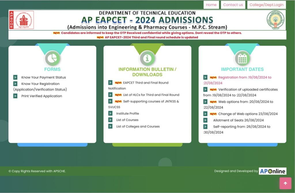 AP EAMCET Seat Allotment Result