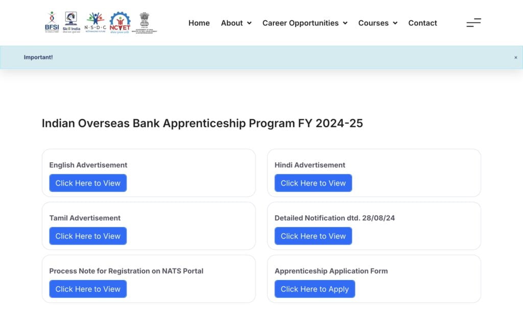 IOB Apprentices Exam Online Registration
