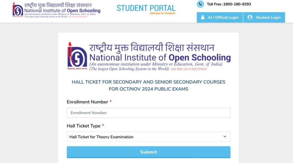 NIOS Hall Ticket