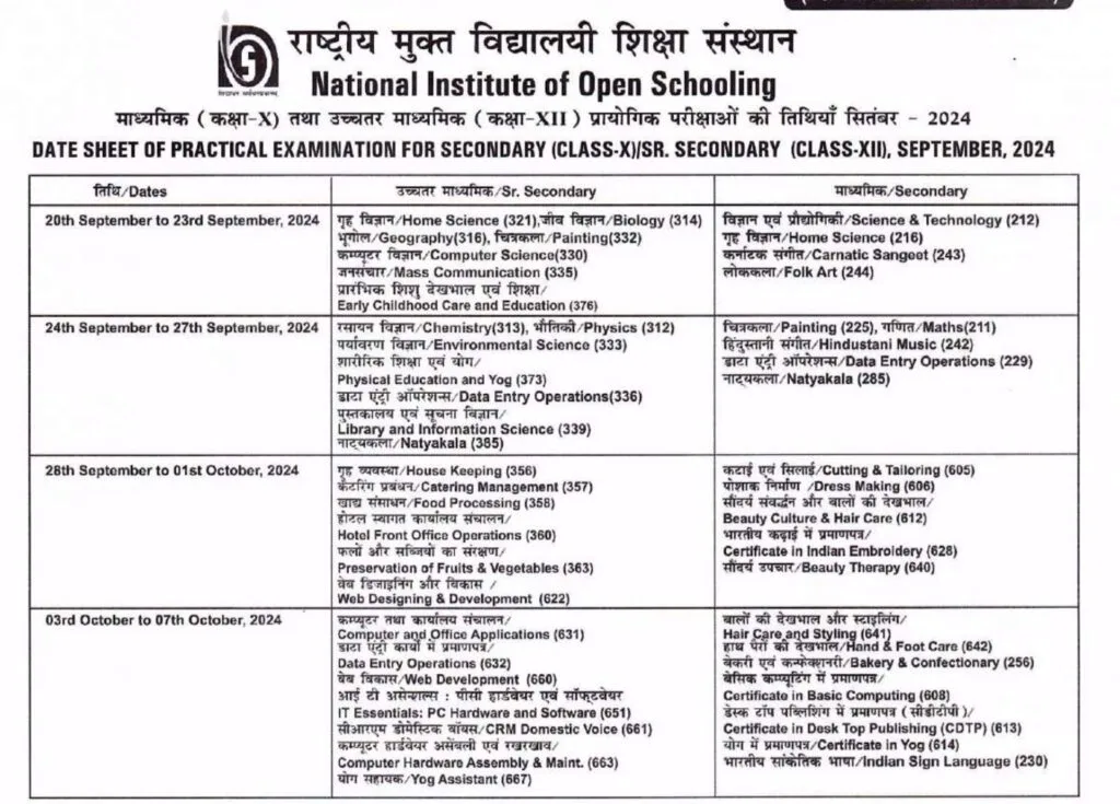 NIOS Date Sheet