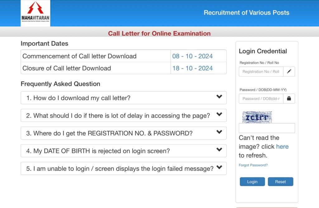 MSEDCL Junior Assistant Admit Card