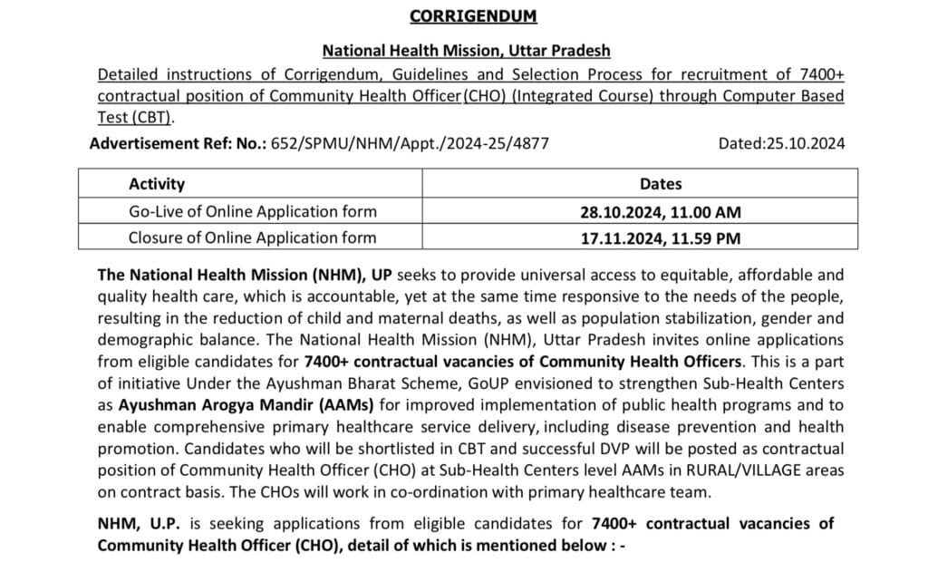 UP NHM CHO Recruitment 2024 Notification