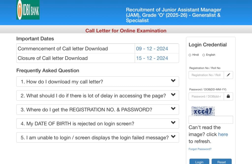 IDBI JAM Admit Card
