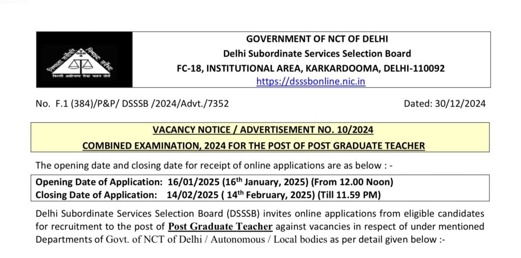 DSSSB PGT Teacher Recruitment 2025 Notification